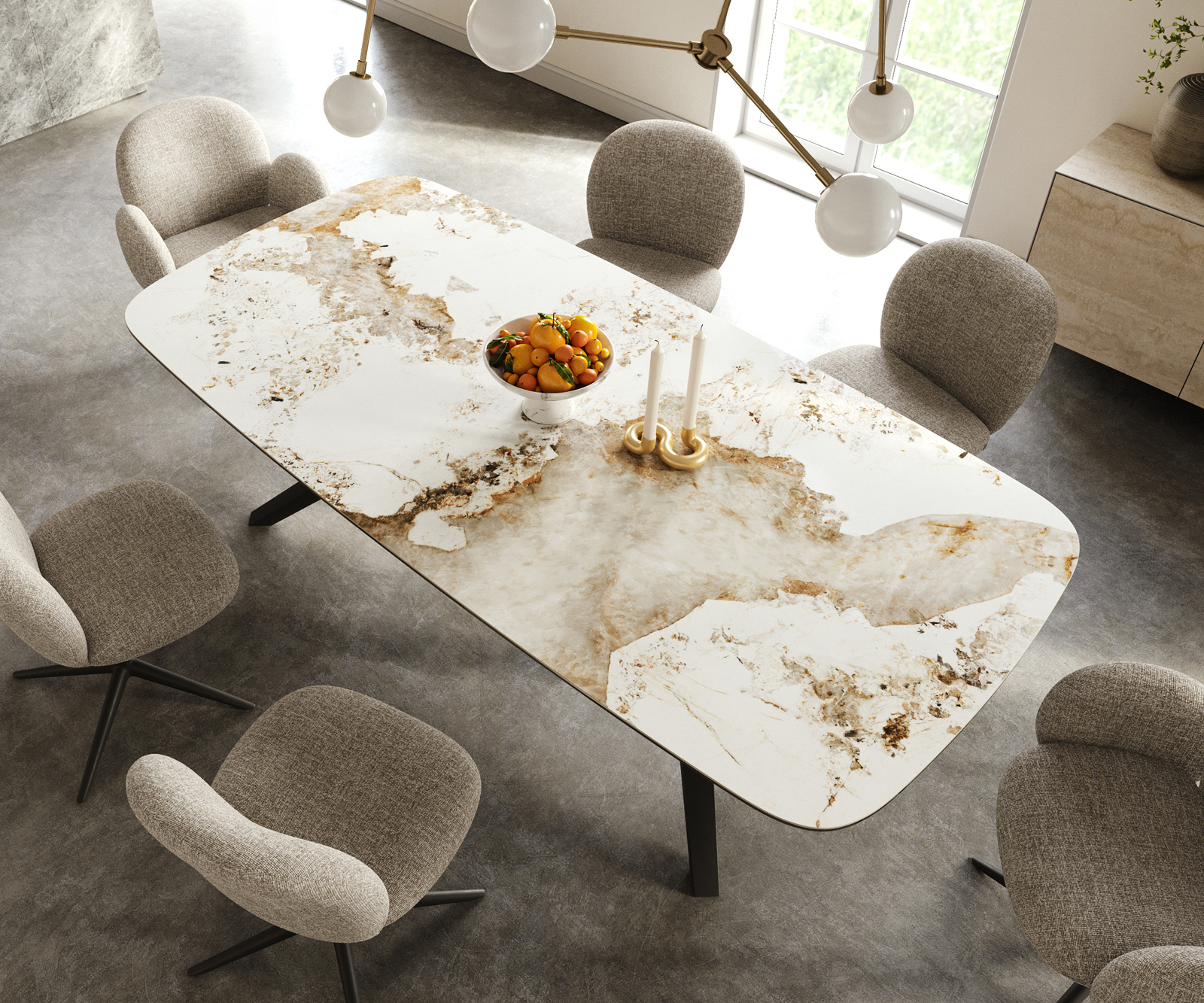 Jedálenský stôl Edge zaoblený 240×120 cm keramika Minas Melange bielo-béžová Zenthara hranatý kov čierna - Image 4