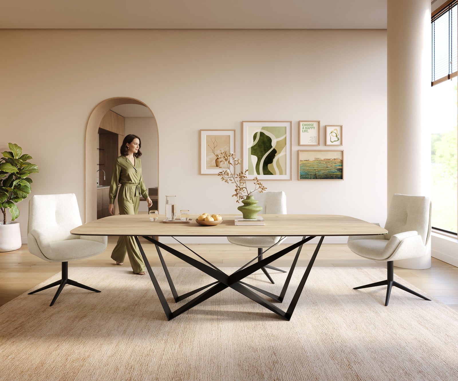 Jedálenský stôl Edge zaoblený 240×120 cm keramika Laminam® sabbia dubová farba pavúk plochá oceľ čierna