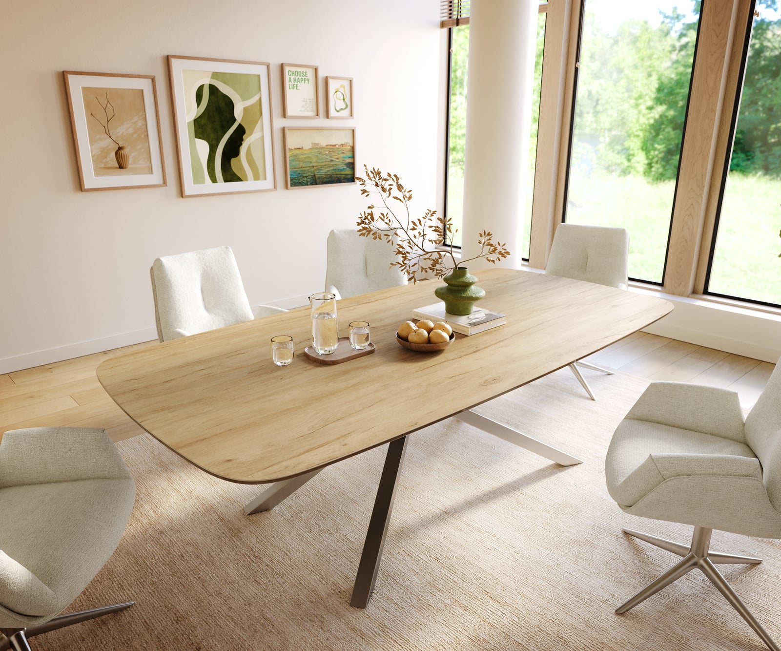 Jedálenský stôl Edge zaoblený 240×120 cm keramika Laminam® sabbia v dubovej farbe krížová podstava nerezová oceľ