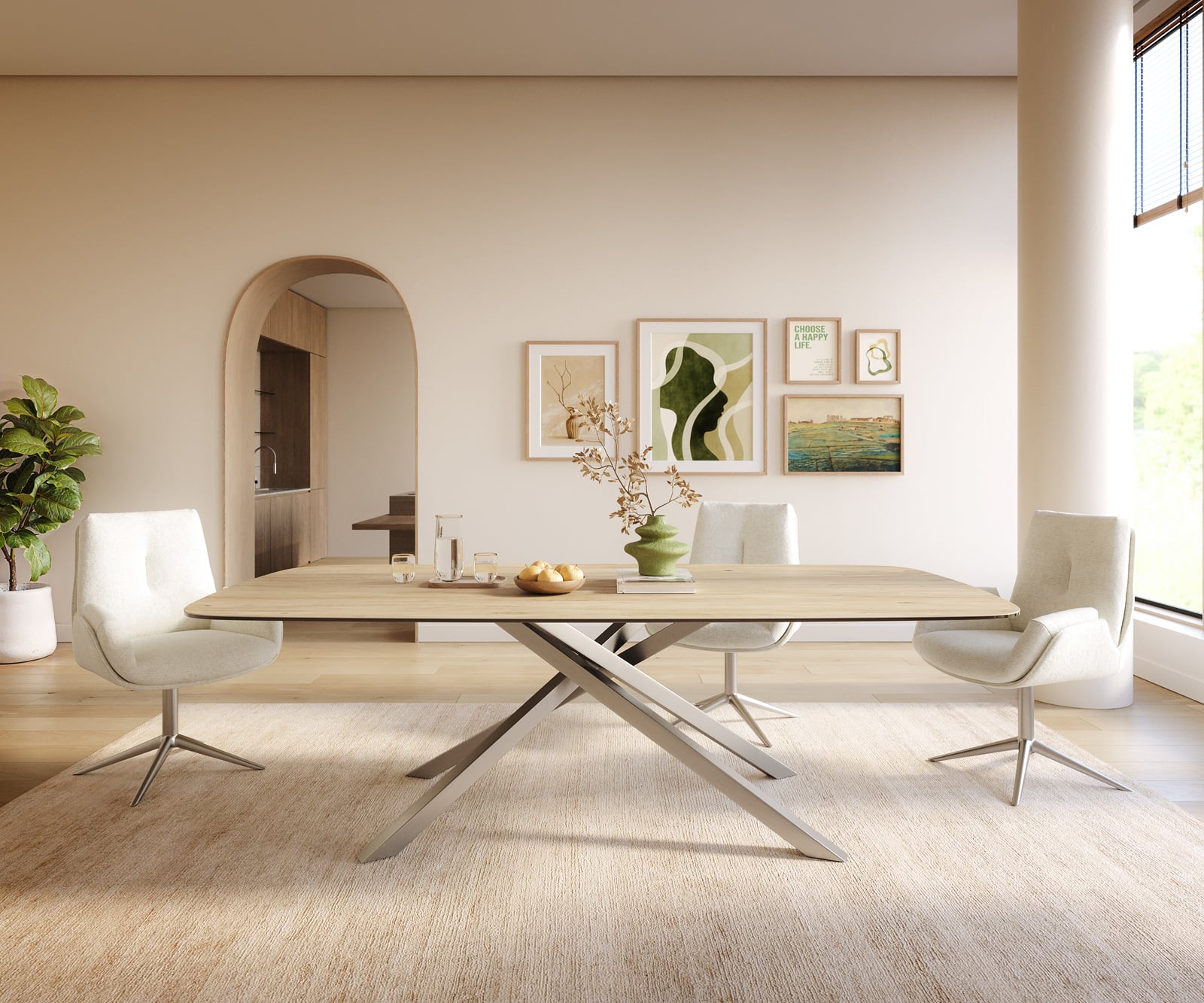 Jedálenský stôl Edge zaoblený 240×120 cm keramika Laminam® sabbia v dubovej farbe krížová podstava nerezová oceľ - Image 2