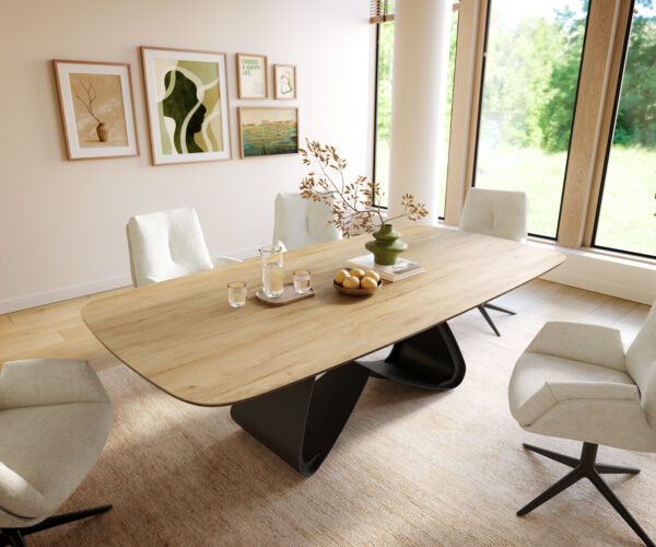 Jedálenský stôl Edge zaoblený 240×120 cm keramika Laminam® Sabbia dubová farba podstava v tvare W kov čierna