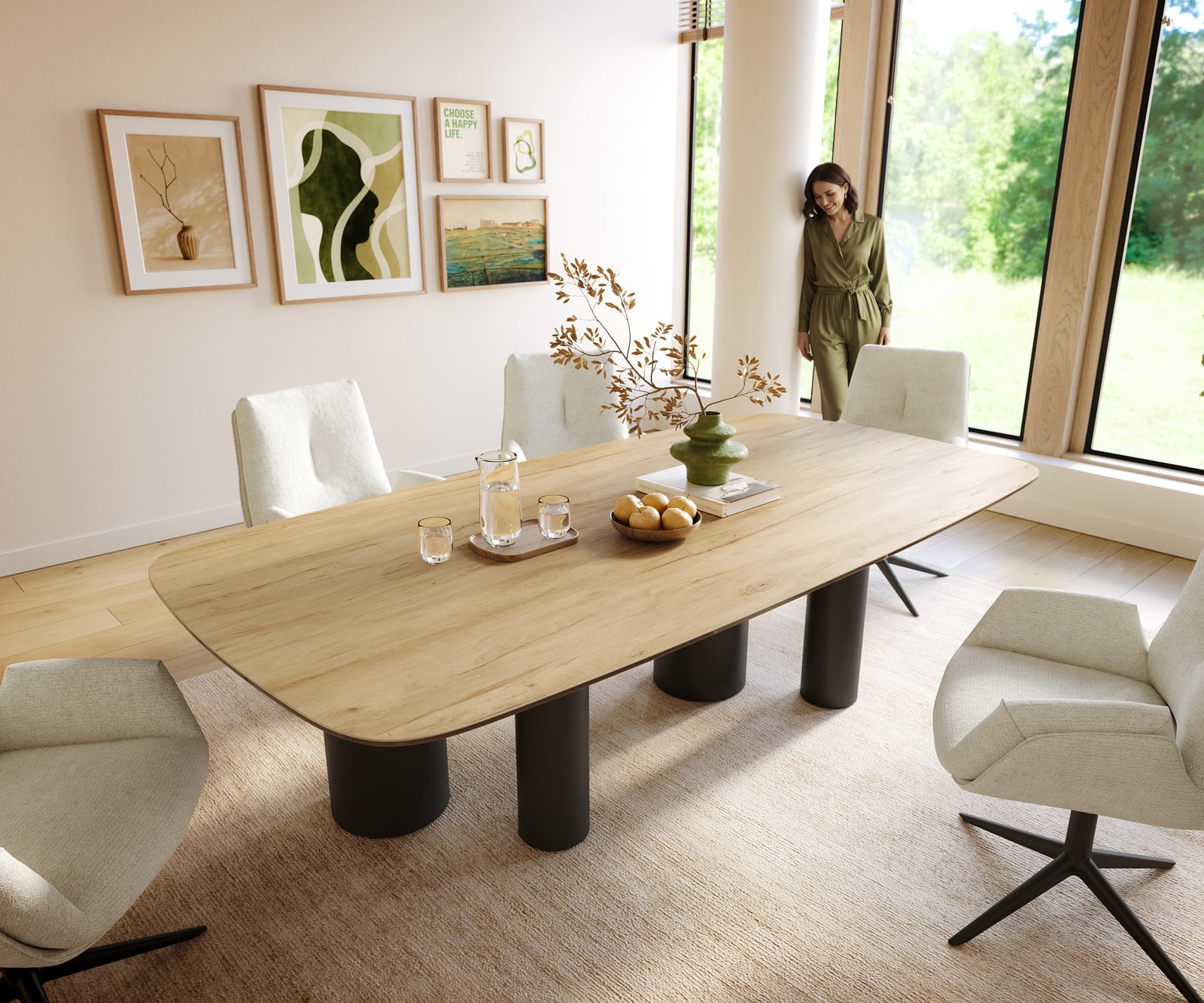 Jedálenský stôl Edge zaoblený 240×120 cm keramika Laminam® sabbia v dubovej farbe kovová podstava čierna