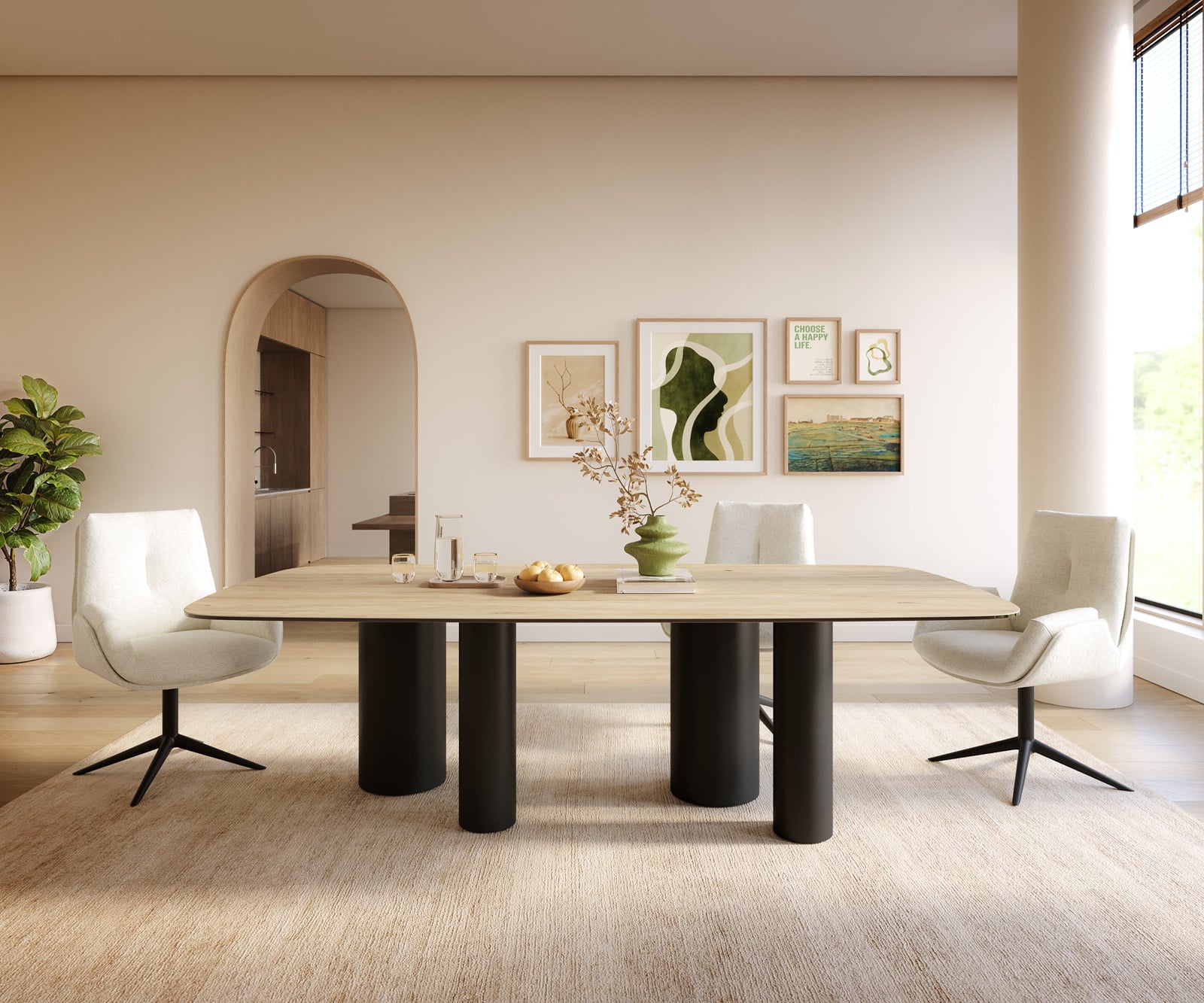 Jedálenský stôl Edge zaoblený 240×120 cm keramika Laminam® sabbia v dubovej farbe kovová podstava čierna - Image 2