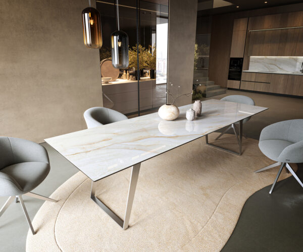 Jedálenský stôl Edge 300×100 cm keramika onyx perla nerezová oceľ skosený