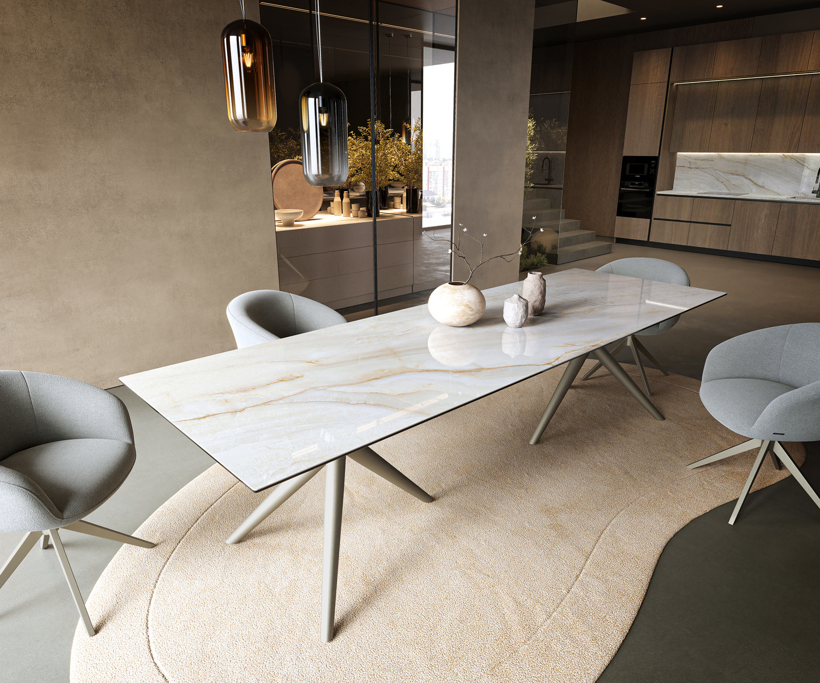 Jedálenský stôl Edge 300×100 cm keramika onyx perla Estelar okrúhly kov titánová farba