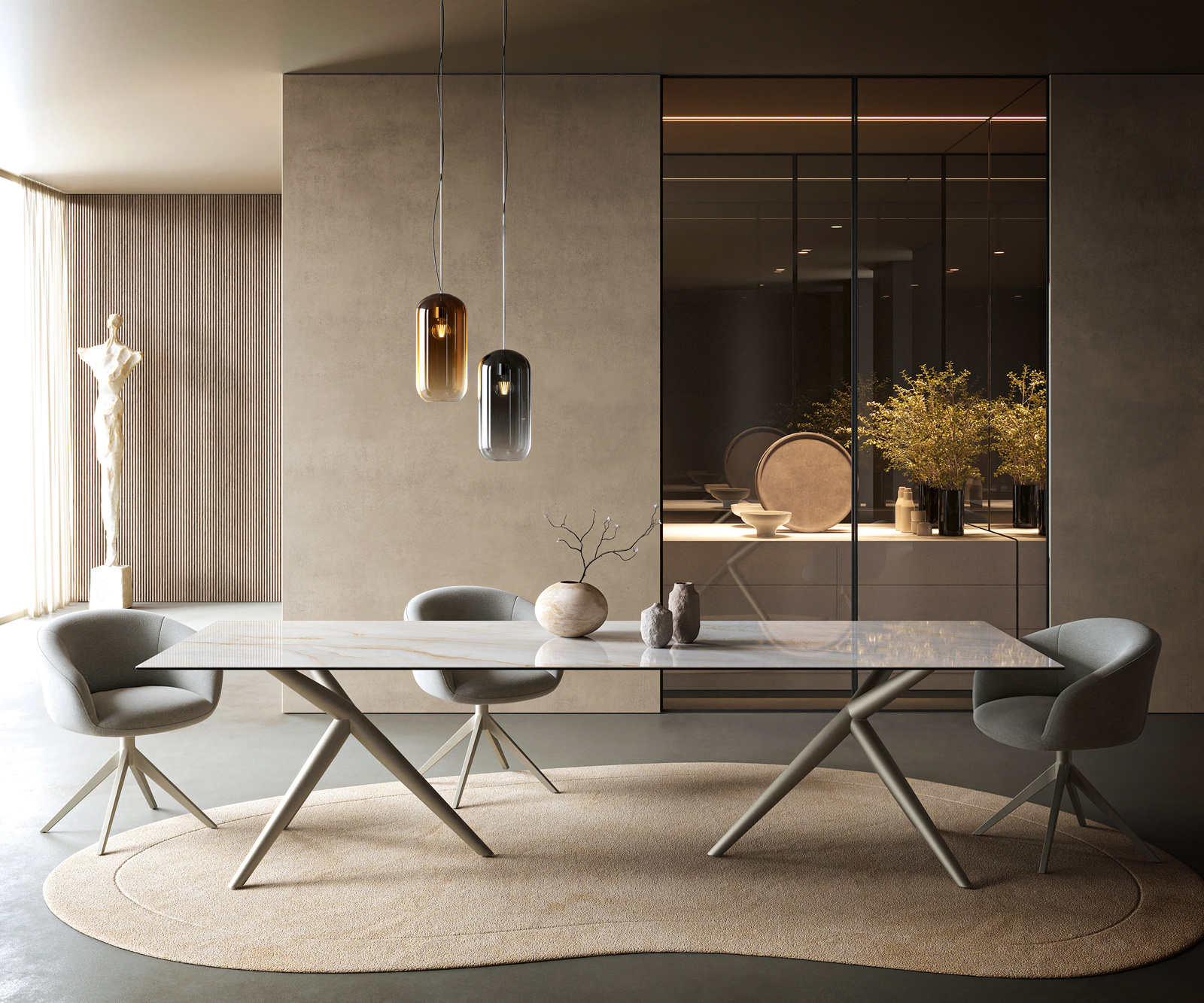 Jedálenský stôl Edge 300×100 cm keramika onyx perla Estelar okrúhly kov titánová farba - Image 2