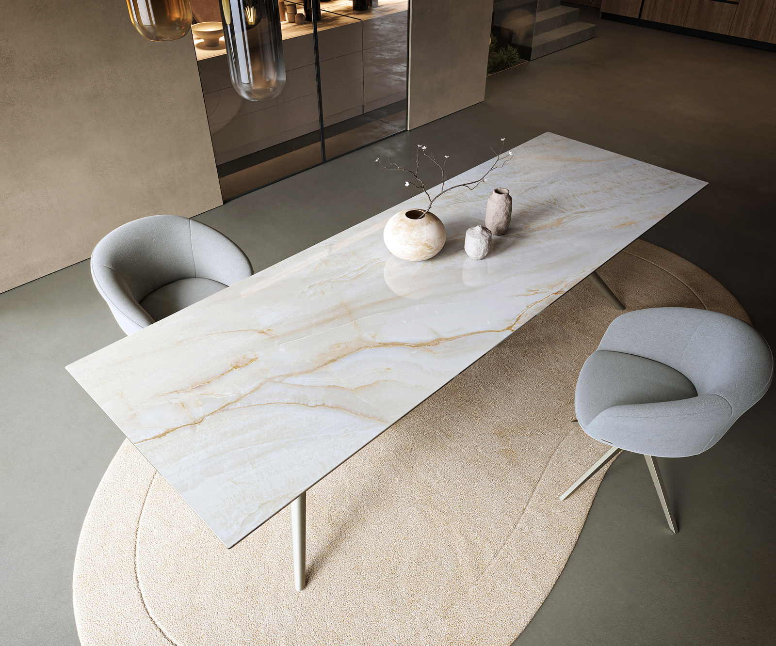 Jedálenský stôl Edge 300×100 cm keramika onyx perla Estelar okrúhly kov titánová farba - Image 4