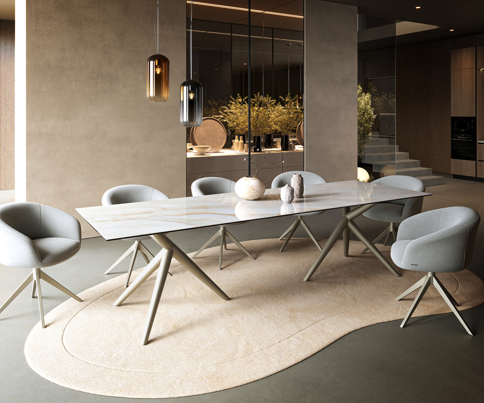 Jedálenský stôl Edge 300×100 cm keramika onyx perla Estelar okrúhly kov titánová farba - Image 7