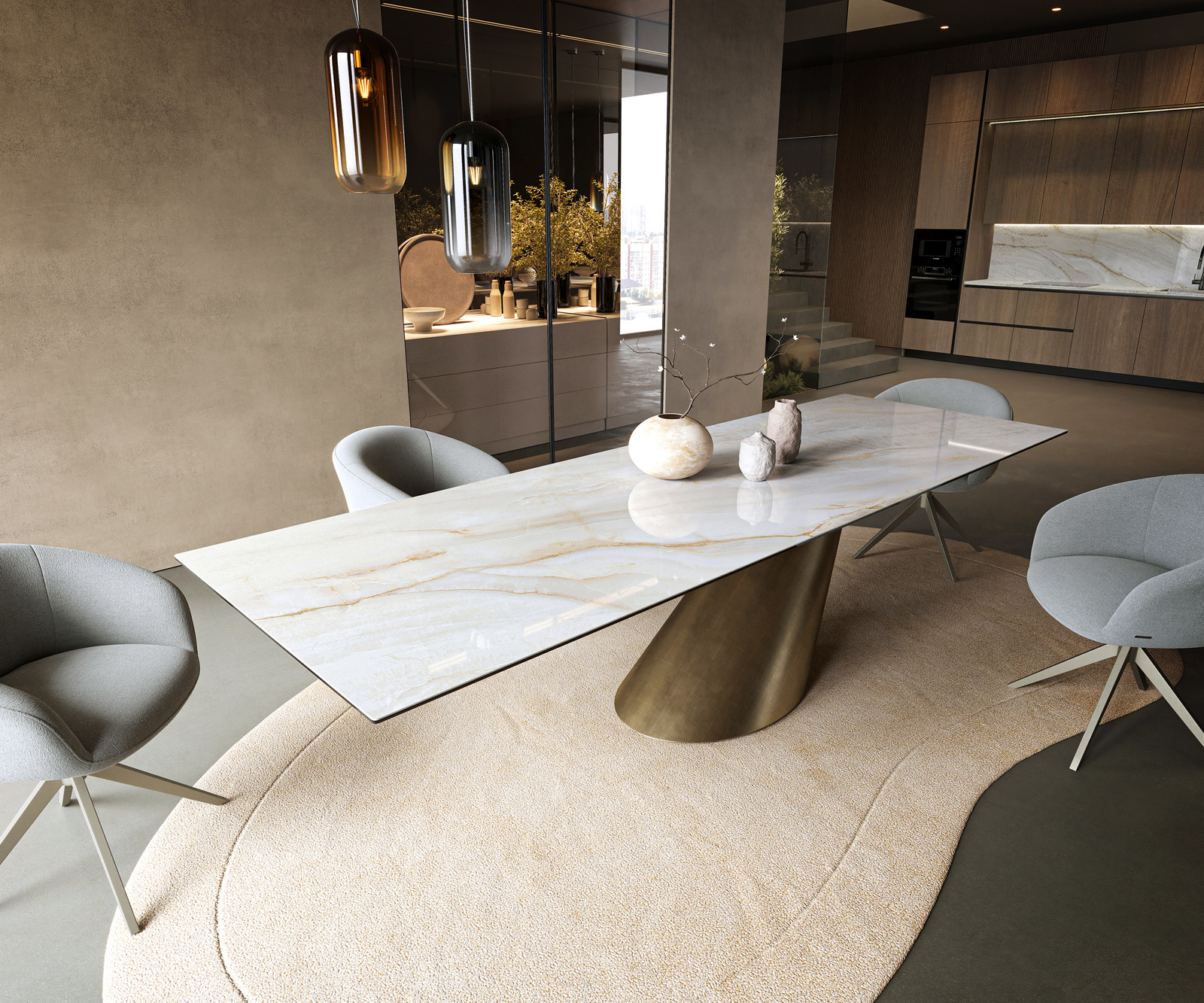 Jedálenský stôl Edge 300×100 cm keramika onyx perleťový kužeľ metalická zlatá