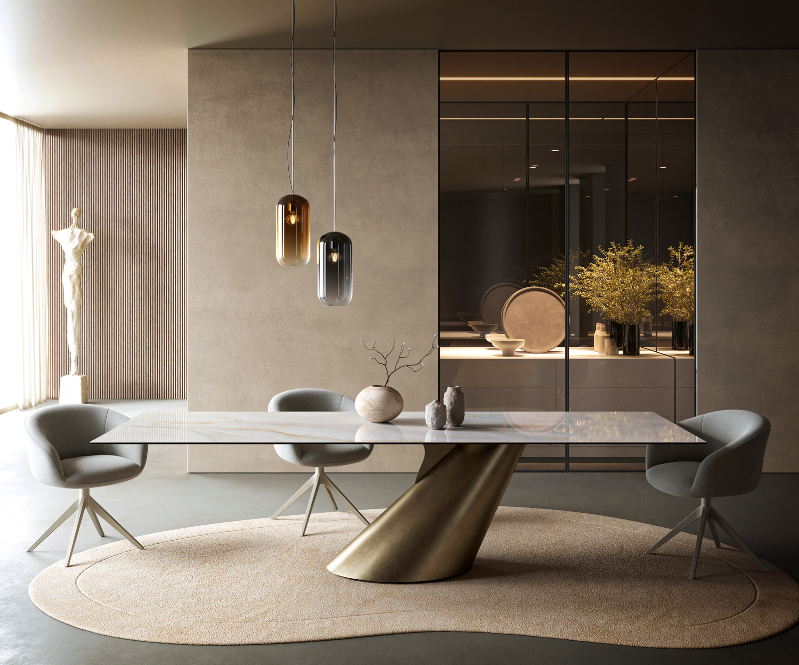 Jedálenský stôl Edge 300×100 cm keramika onyx perleťový kužeľ metalická zlatá - Image 2