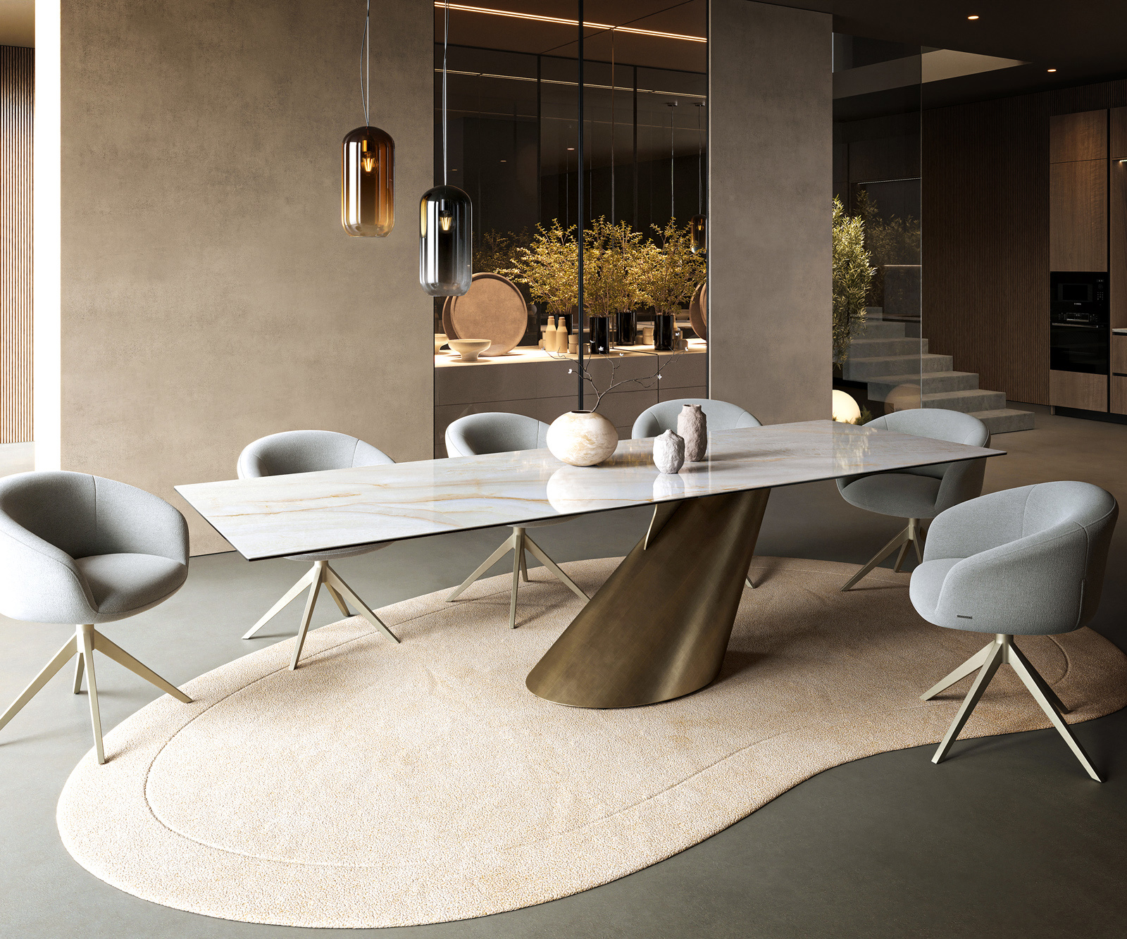 Jedálenský stôl Edge 300×100 cm keramika onyx perleťový kužeľ metalická zlatá - Image 7