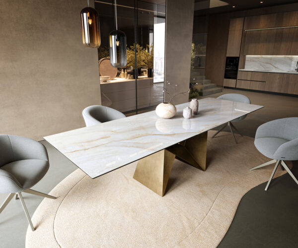 Jedálenský stôl Edge 300×100 cm keramika onyx perla origami metalická zlatá