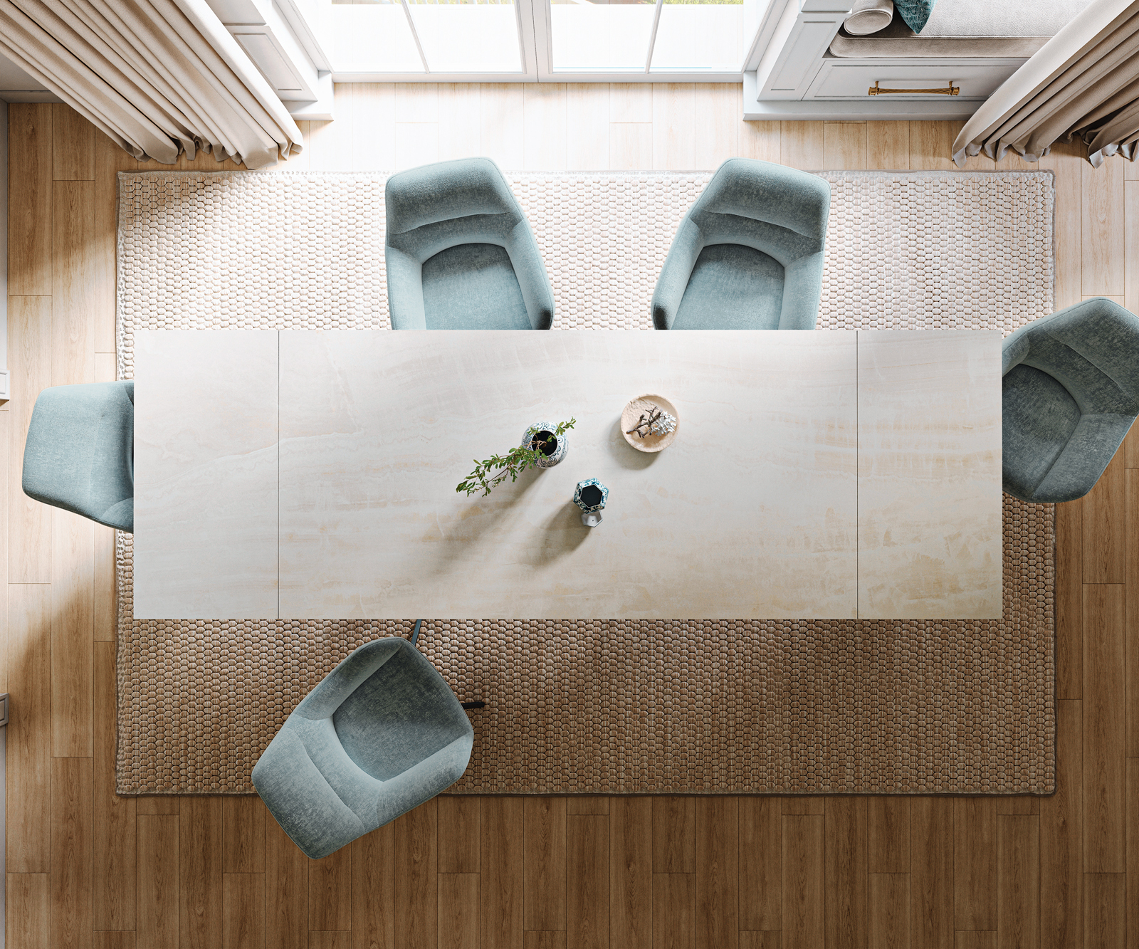 Jedálenský stôl Edge 200-300×100 cm keramika onyx šampanské pavúk plochá oceľ čierna rozkladací - Image 6