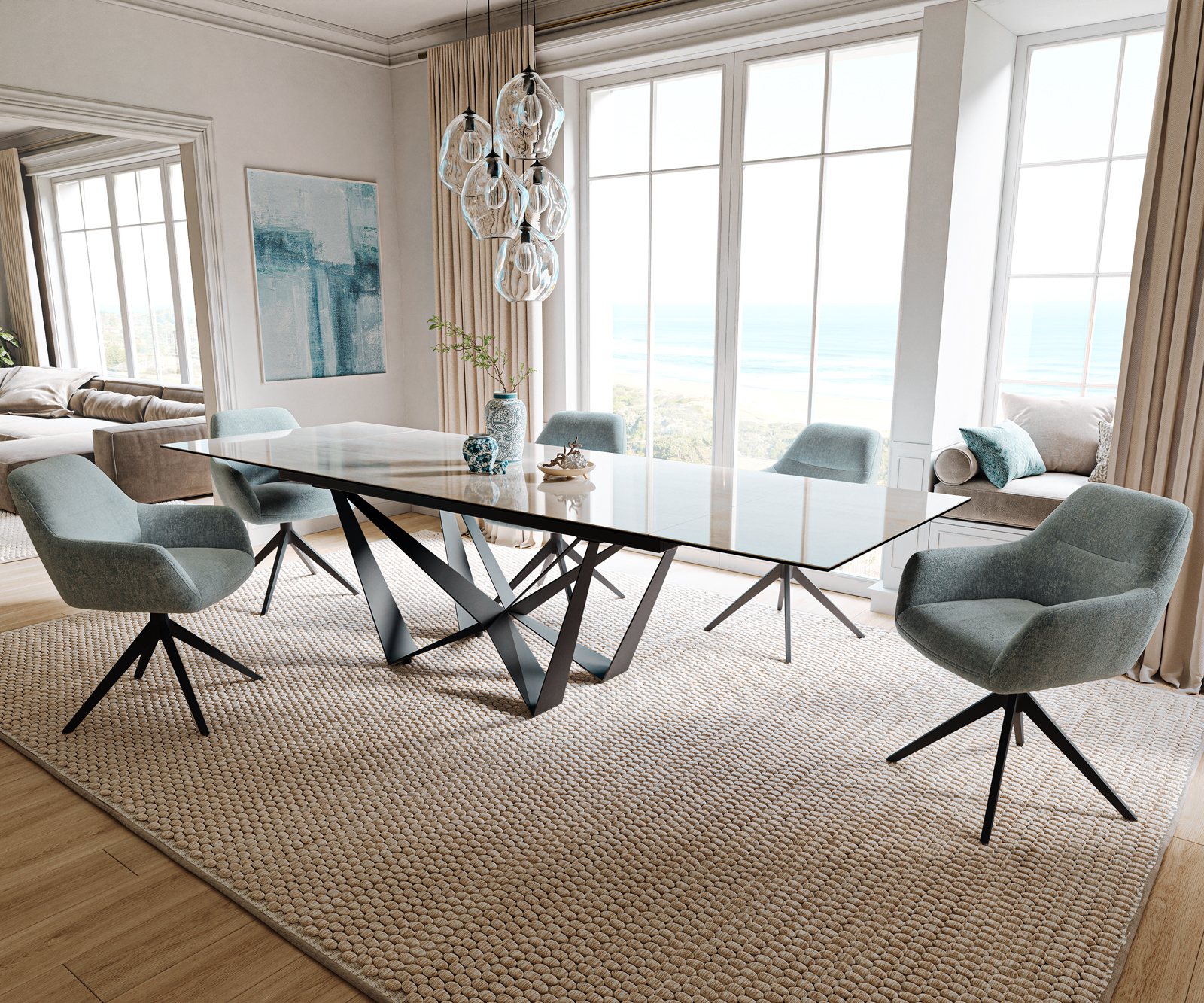 Jedálenský stôl Edge 200-300×100 cm keramika onyx šampanské pavúk plochá oceľ čierna rozkladací - Image 7