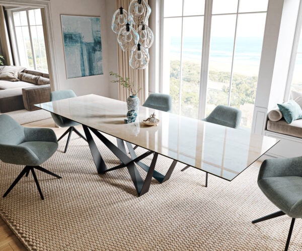 Jedálenský stôl Edge 200-300×100 cm keramika onyx šampanské pavúk plochá oceľ čierna rozkladací