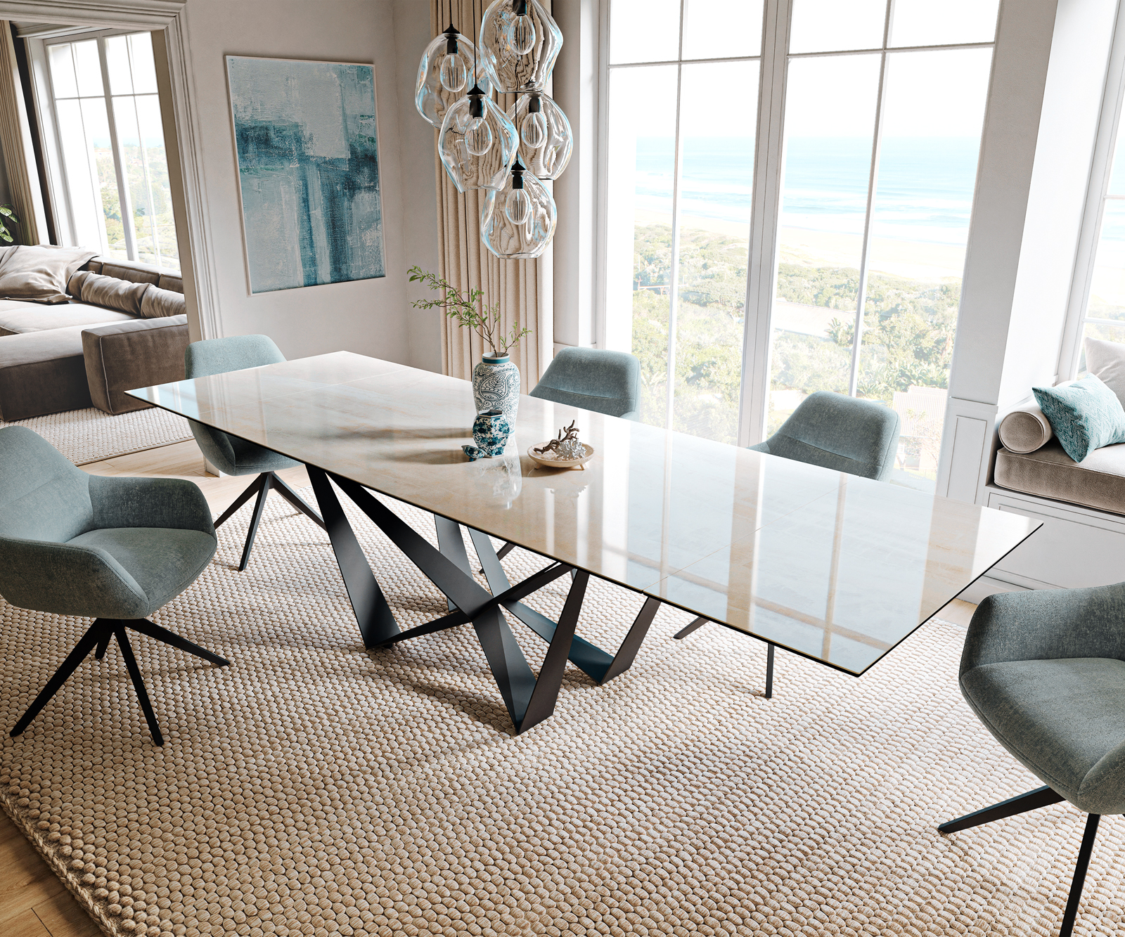 Jedálenský stôl Edge 200-300×100 cm keramika onyx šampanské pavúk plochá oceľ čierna rozkladací