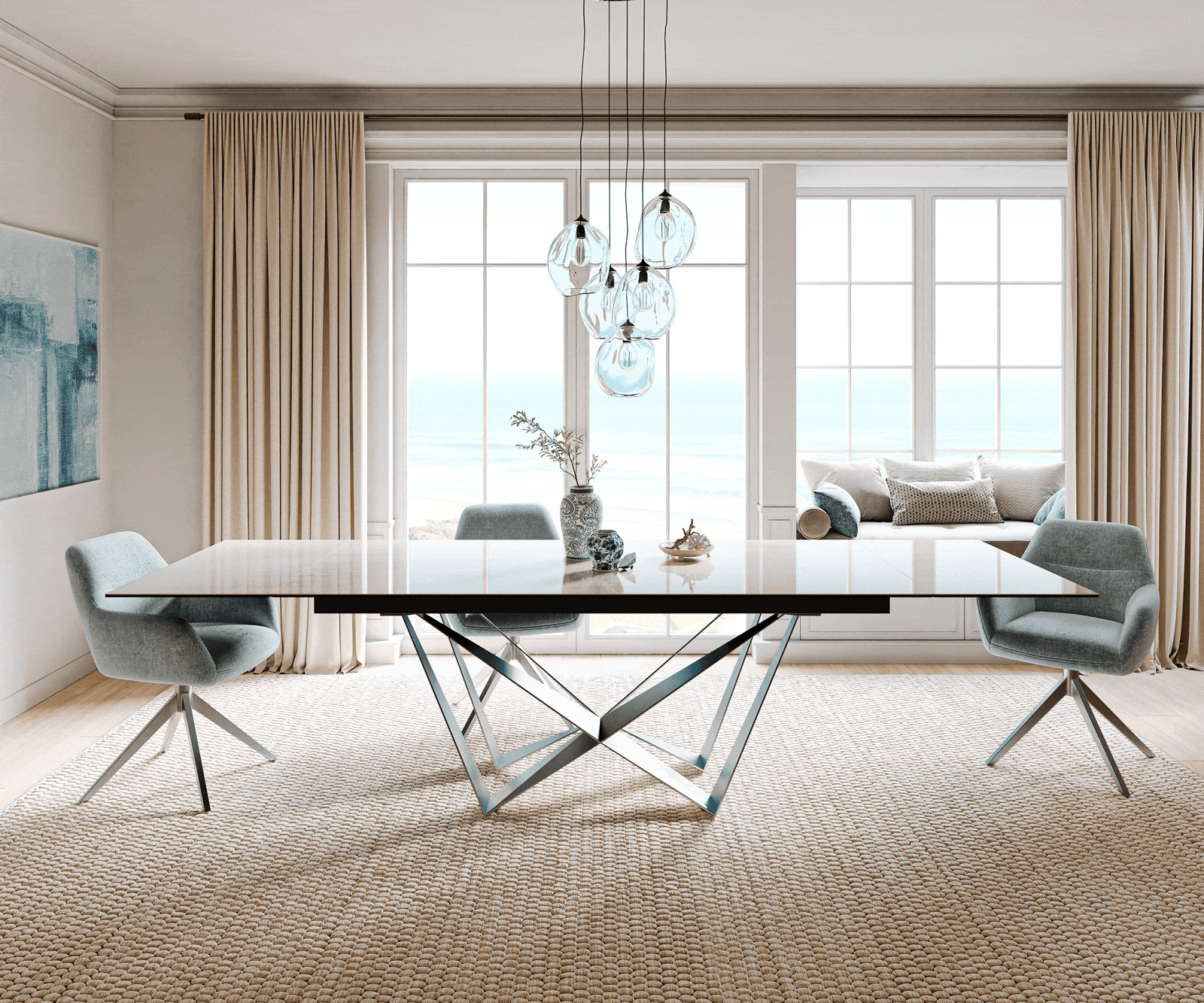 Jedálenský stôl Edge 200-300×100 cm keramika onyx šampanské spider plochá oceľ nerezová oceľ rozkladací - Image 2