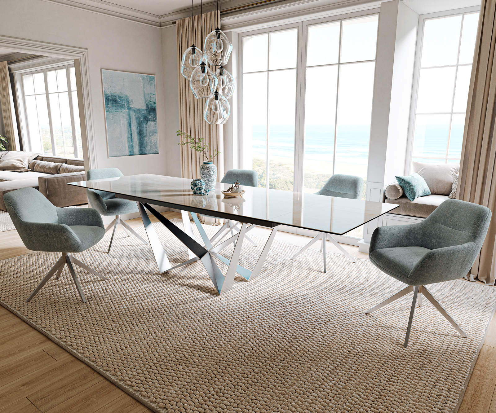 Jedálenský stôl Edge 200-300×100 cm keramika onyx šampanské spider plochá oceľ nerezová oceľ rozkladací - Image 7