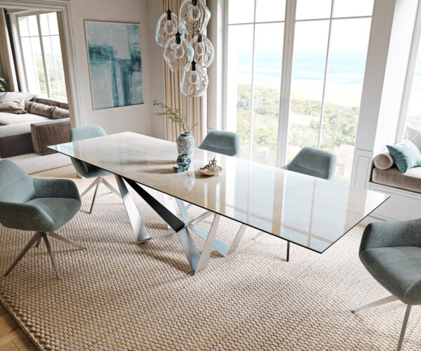 Jedálenský stôl Edge 200-300×100 cm keramika onyx šampanské spider plochá oceľ nerezová oceľ rozkladací