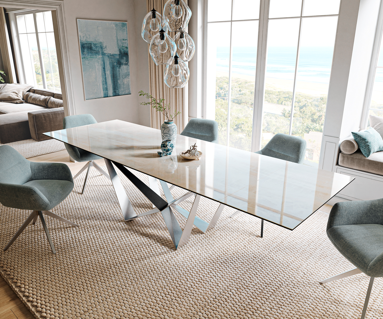 Jedálenský stôl Edge 200-300×100 cm keramika onyx šampanské spider plochá oceľ nerezová oceľ rozkladací