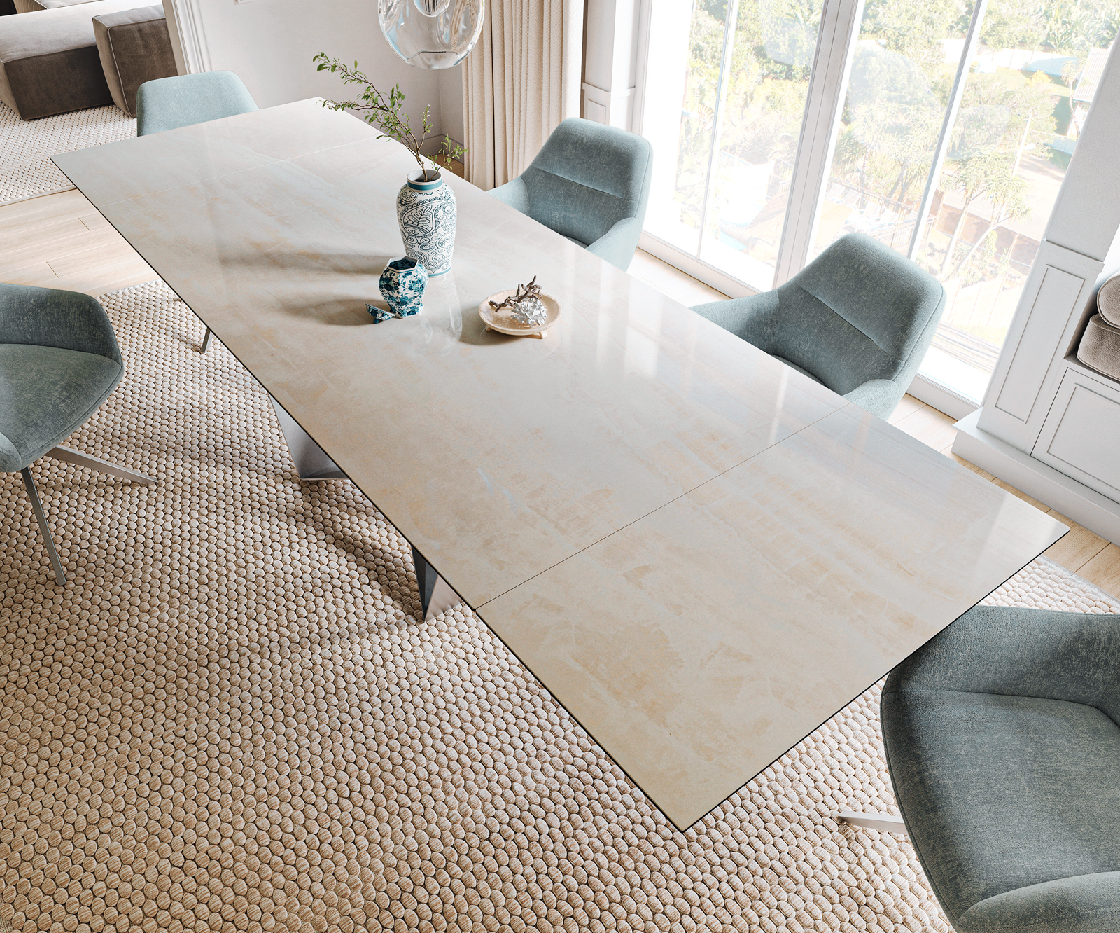 Jedálenský stôl Edge 200-300×100 cm keramika onyx šampanské spider plochá oceľ nerezová oceľ rozkladací - Image 4