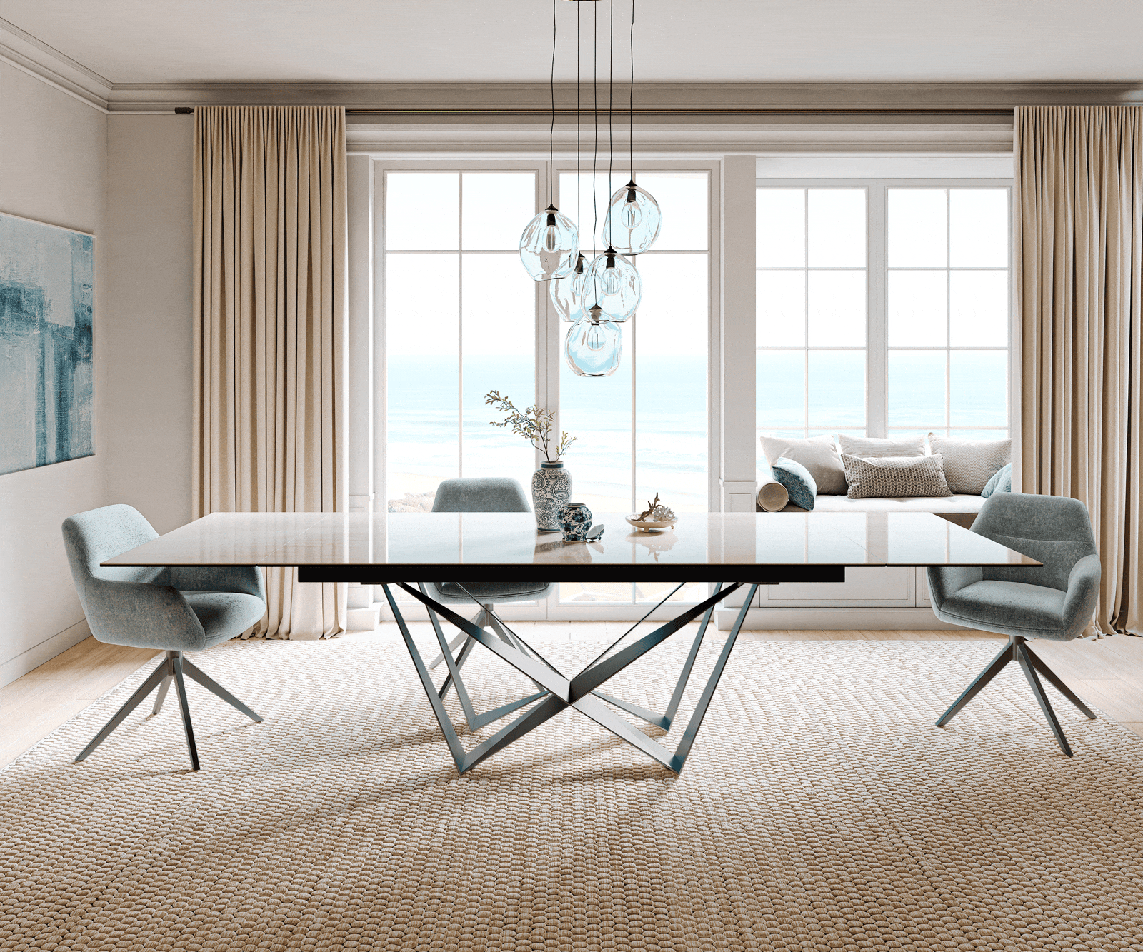 Jedálenský stôl Edge 200-300×100 cm keramika onyx šampanské spider plochá oceľ nerezová oceľ grafit rozkladací - Image 2