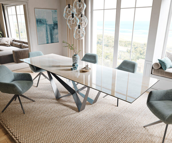 Jedálenský stôl Edge 200-300×100 cm keramika onyx šampanské spider plochá oceľ nerezová oceľ grafit rozkladací