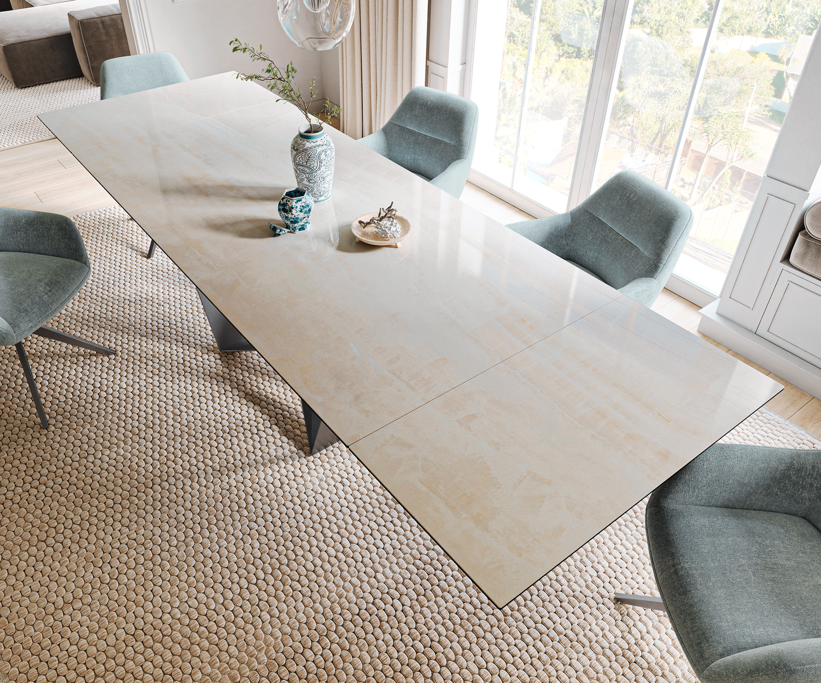 Jedálenský stôl Edge 200-300×100 cm keramika onyx šampanské spider plochá oceľ nerezová oceľ grafit rozkladací - Image 4