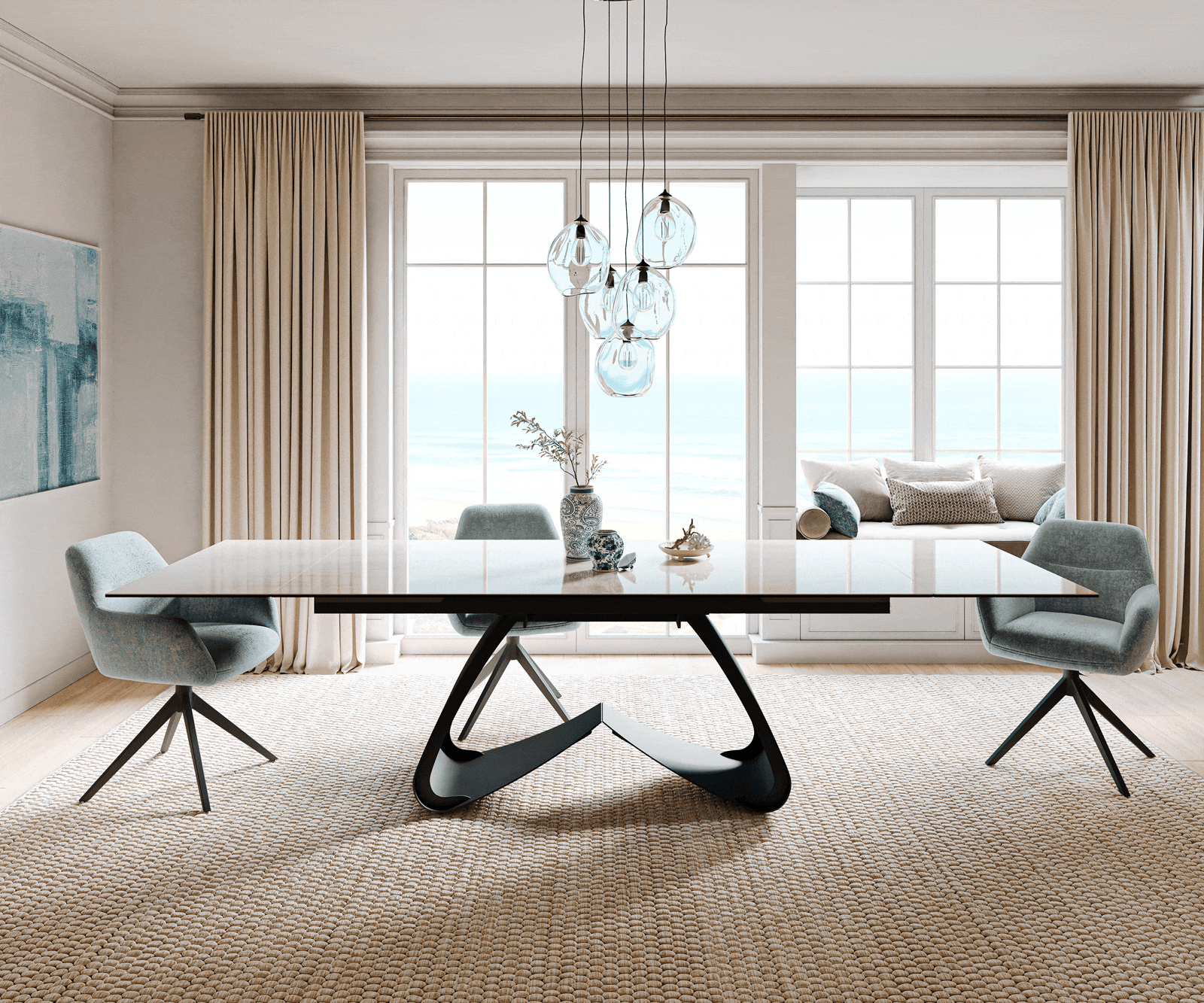 Jedálenský stôl Edge 200-300×100 cm keramika onyx šampanské podstava v tvare W kov čierna rozkladací - Image 2