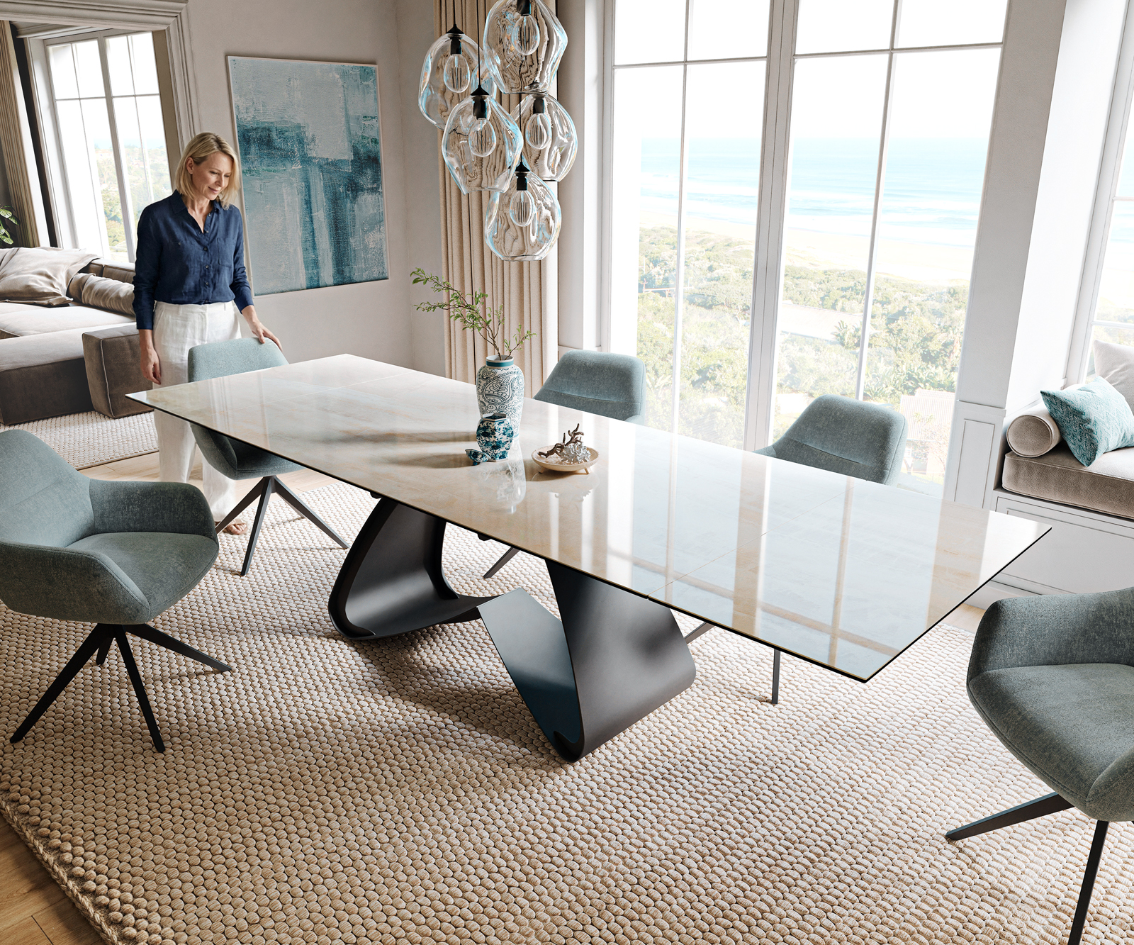 Jedálenský stôl Edge 200-300×100 cm keramika onyx šampanské podstava v tvare W kov čierna rozkladací