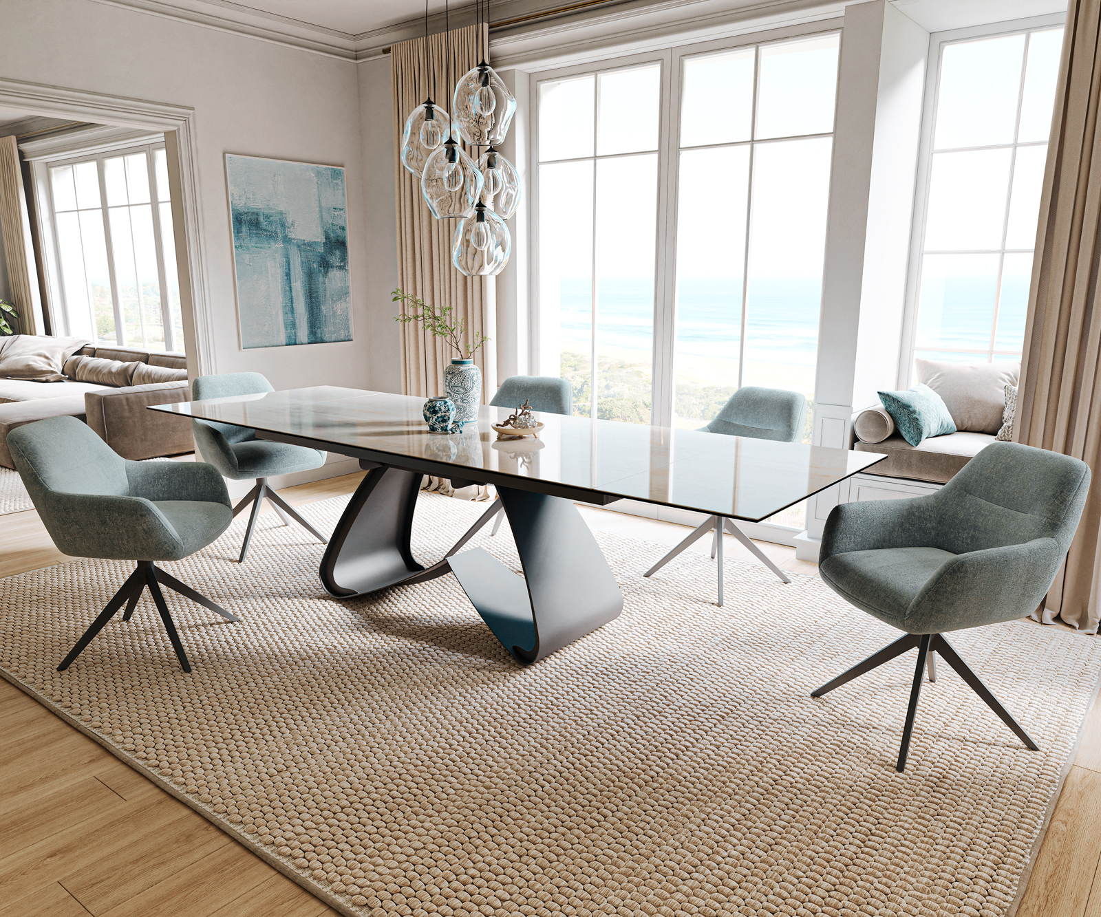 Jedálenský stôl Edge 200-300×100 cm keramika onyx šampanské podstava v tvare W kov čierna rozkladací - Image 7