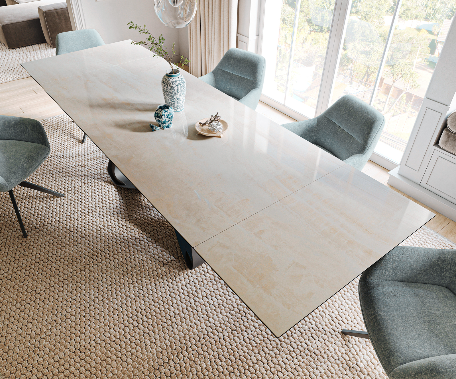 Jedálenský stôl Edge 200-300×100 cm keramika onyx šampanské podstava v tvare W kov čierna rozkladací - Image 4