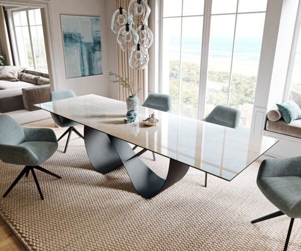 Jedálenský stôl Edge 200-300×100 cm keramika onyx champagne infinity kov čierna rozkladací