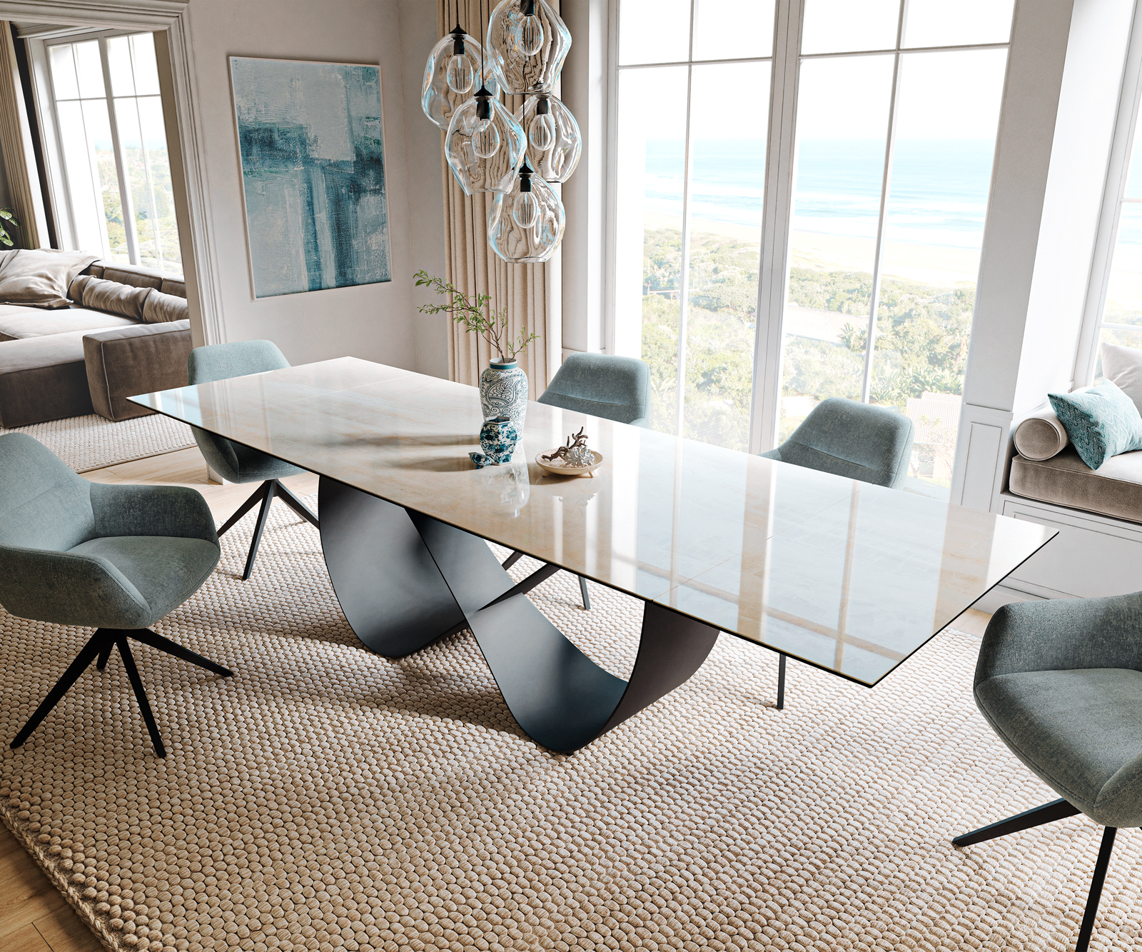 Jedálenský stôl Edge 200-300×100 cm keramika onyx champagne infinity kov čierna rozkladací