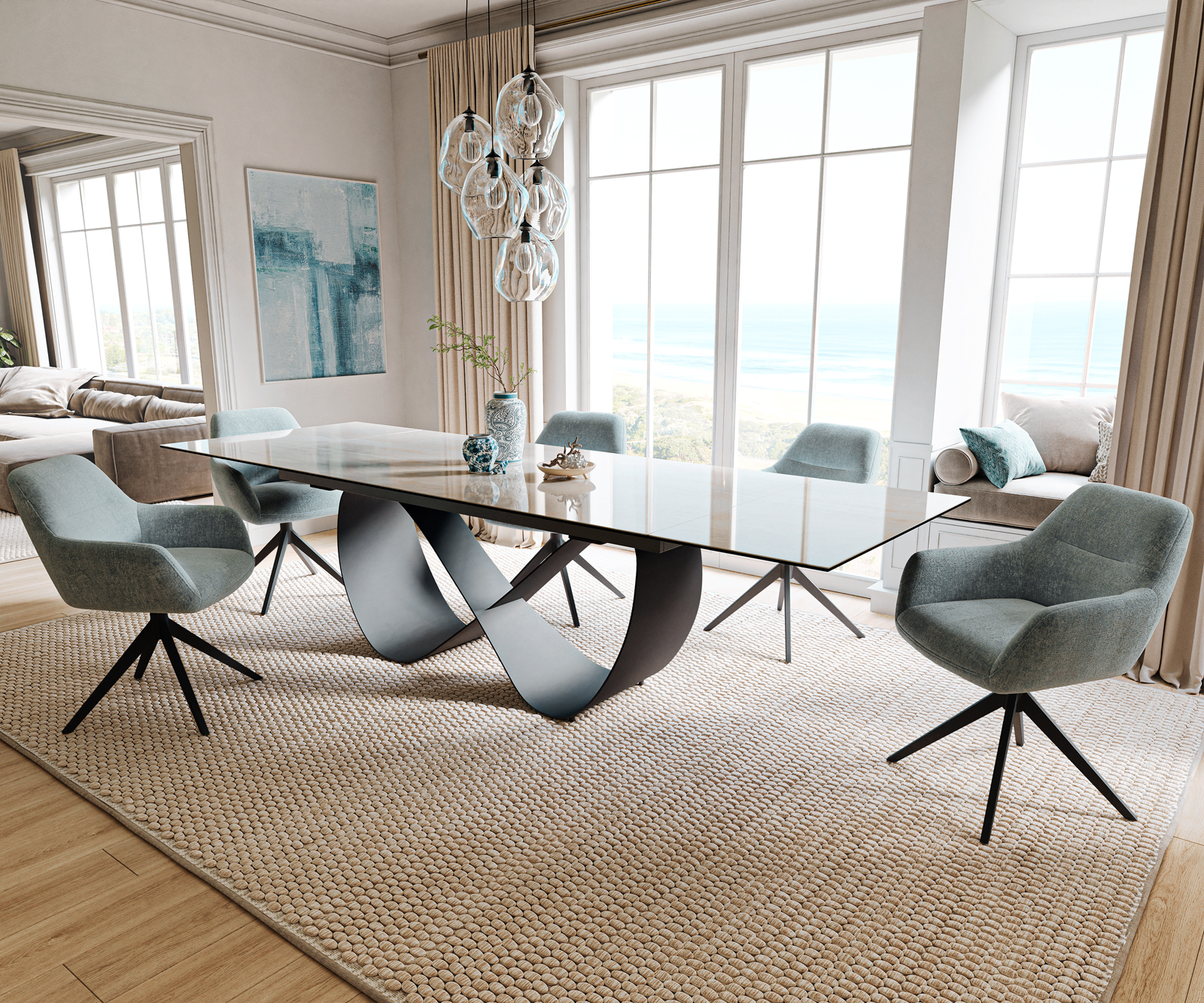 Jedálenský stôl Edge 200-300×100 cm keramika onyx champagne infinity kov čierna rozkladací - Image 7