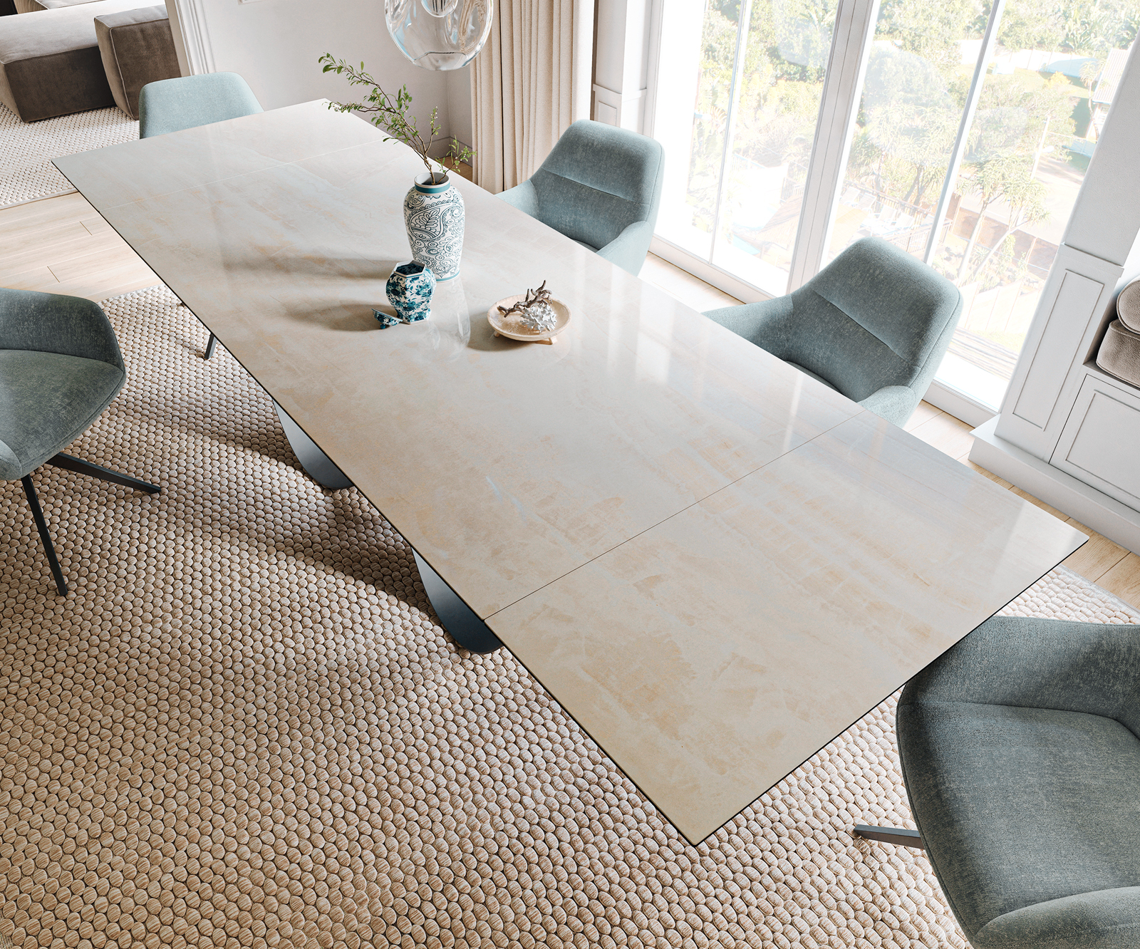 Jedálenský stôl Edge 200-300×100 cm keramika onyx champagne infinity kov čierna rozkladací - Image 4