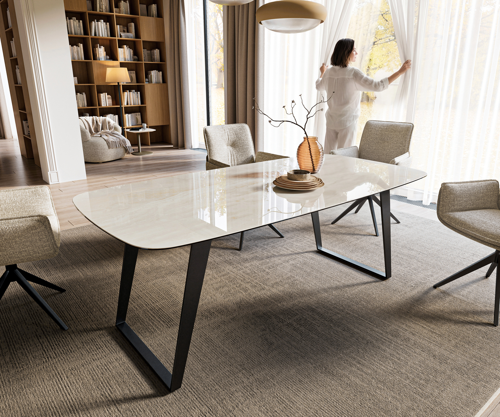 Jedálenský stôl Edge zaoblený tvar 200x100 cm keramika onyx šampanské kov šikmý čierna