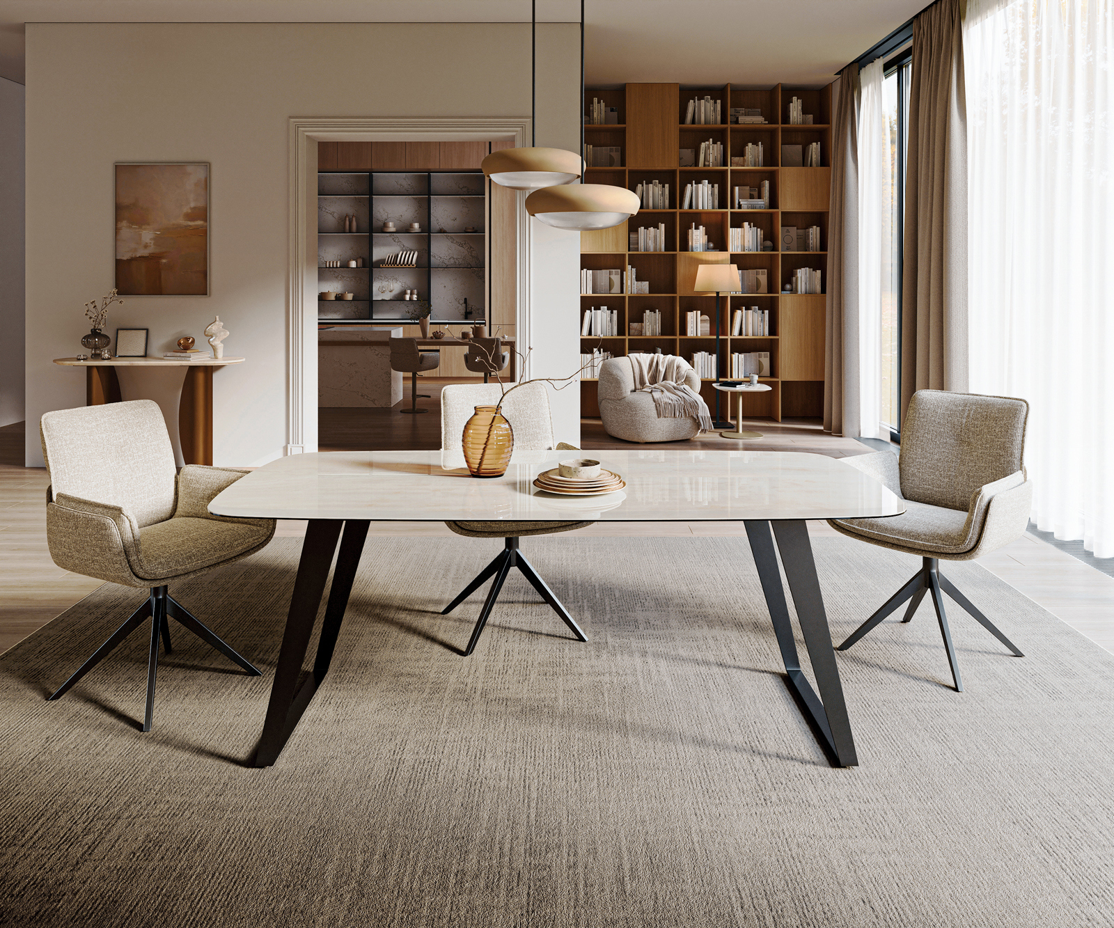 Jedálenský stôl Edge zaoblený tvar 200x100 cm keramika onyx šampanské kov šikmý čierna - Image 2