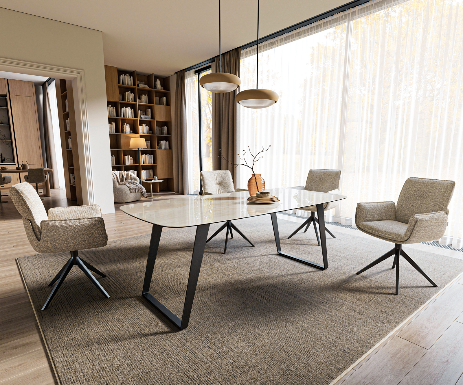 Jedálenský stôl Edge zaoblený tvar 200x100 cm keramika onyx šampanské kov šikmý čierna - Image 7