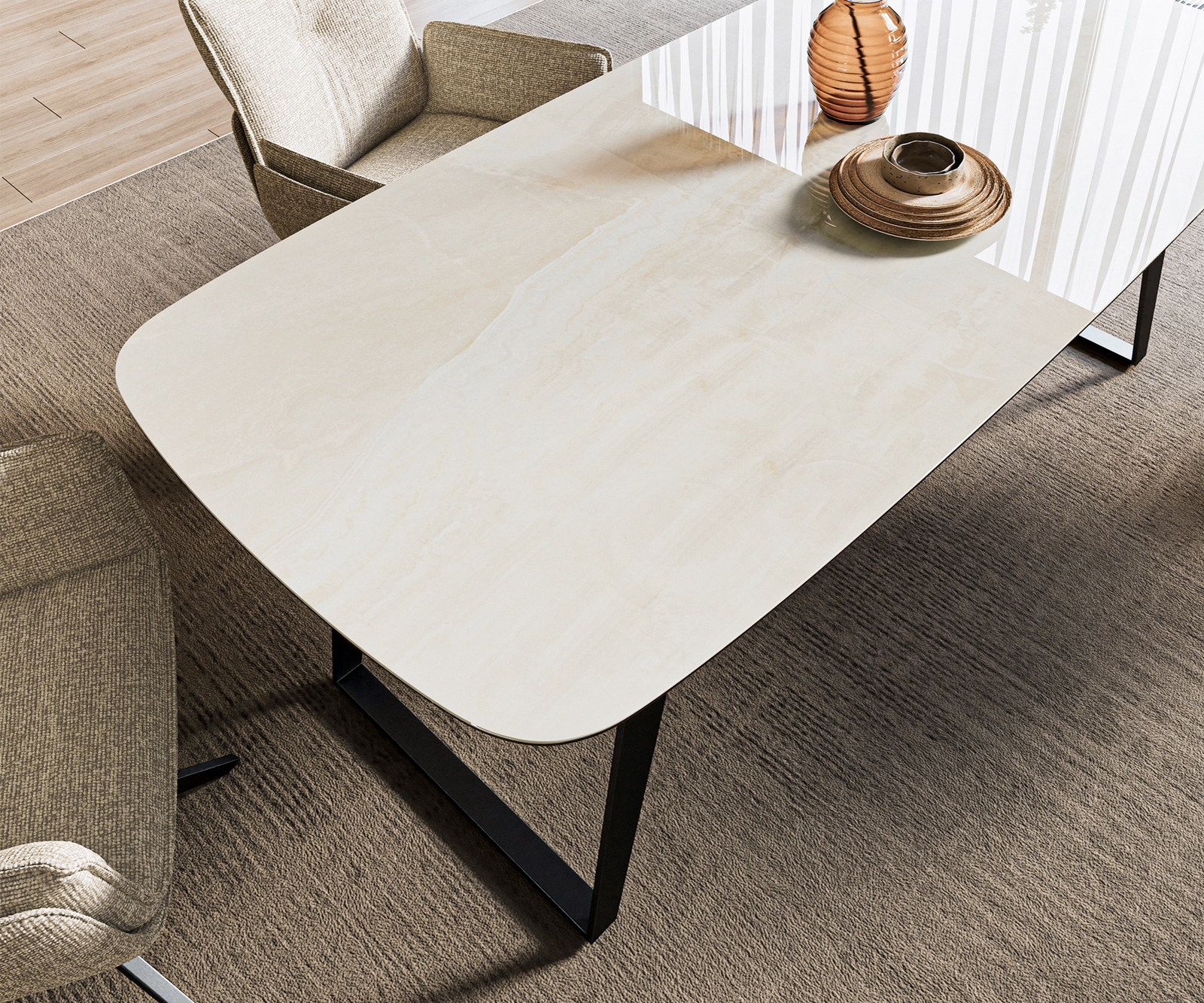 Jedálenský stôl Edge zaoblený tvar 200x100 cm keramika onyx šampanské kov šikmý čierna - Image 4