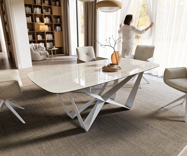 Jedálenský stôl Edge zaoblený tvar 200x100 cm keramika onyx champagne spider kov biela