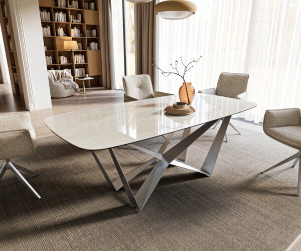 Jedálenský stôl Edge zaoblený tvar 200x100 cm keramika onyx šampanské pavúk plochá oceľ nerezová oceľ grafitová