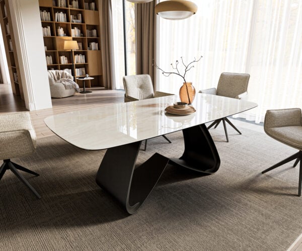 Jedálenský stôl Edge zaoblený tvar 200x100 cm keramika onyx šampanské podstava v tvare W kov čierna