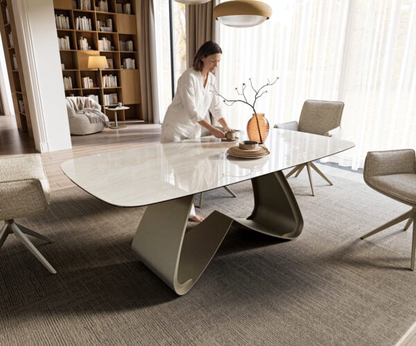 Jedálenský stôl Edge oválny 200x100 cm keramika onyx šampanské podstava v tvare W kov titánová farba