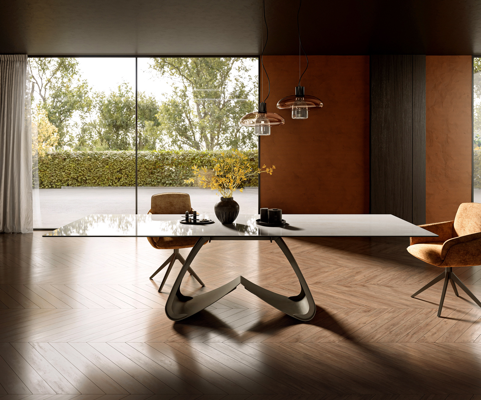 Jedálenský stôl Edge 300×100 cm keramika onyx šampanské podstava v tvare W kov titánová farba - Image 2