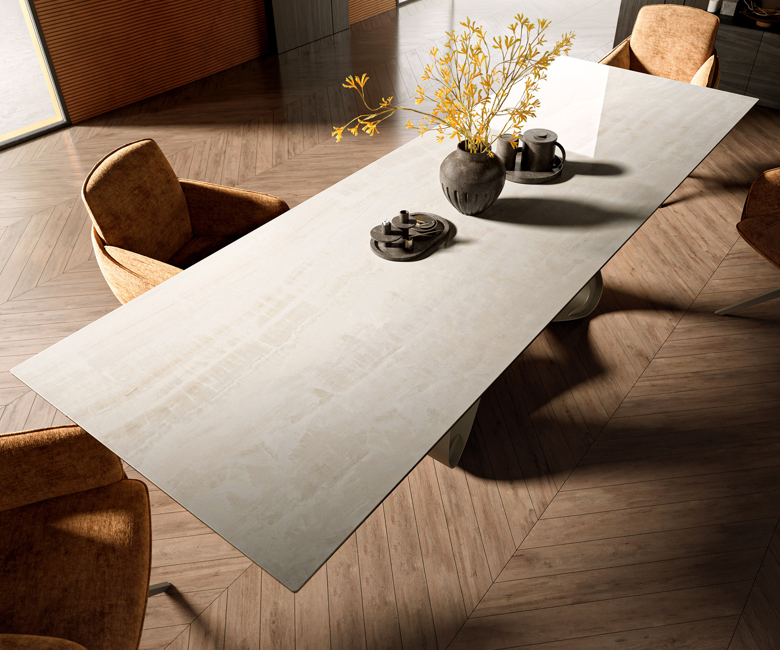 Jedálenský stôl Edge 300×100 cm keramika onyx šampanské podstava v tvare W kov titánová farba - Image 4
