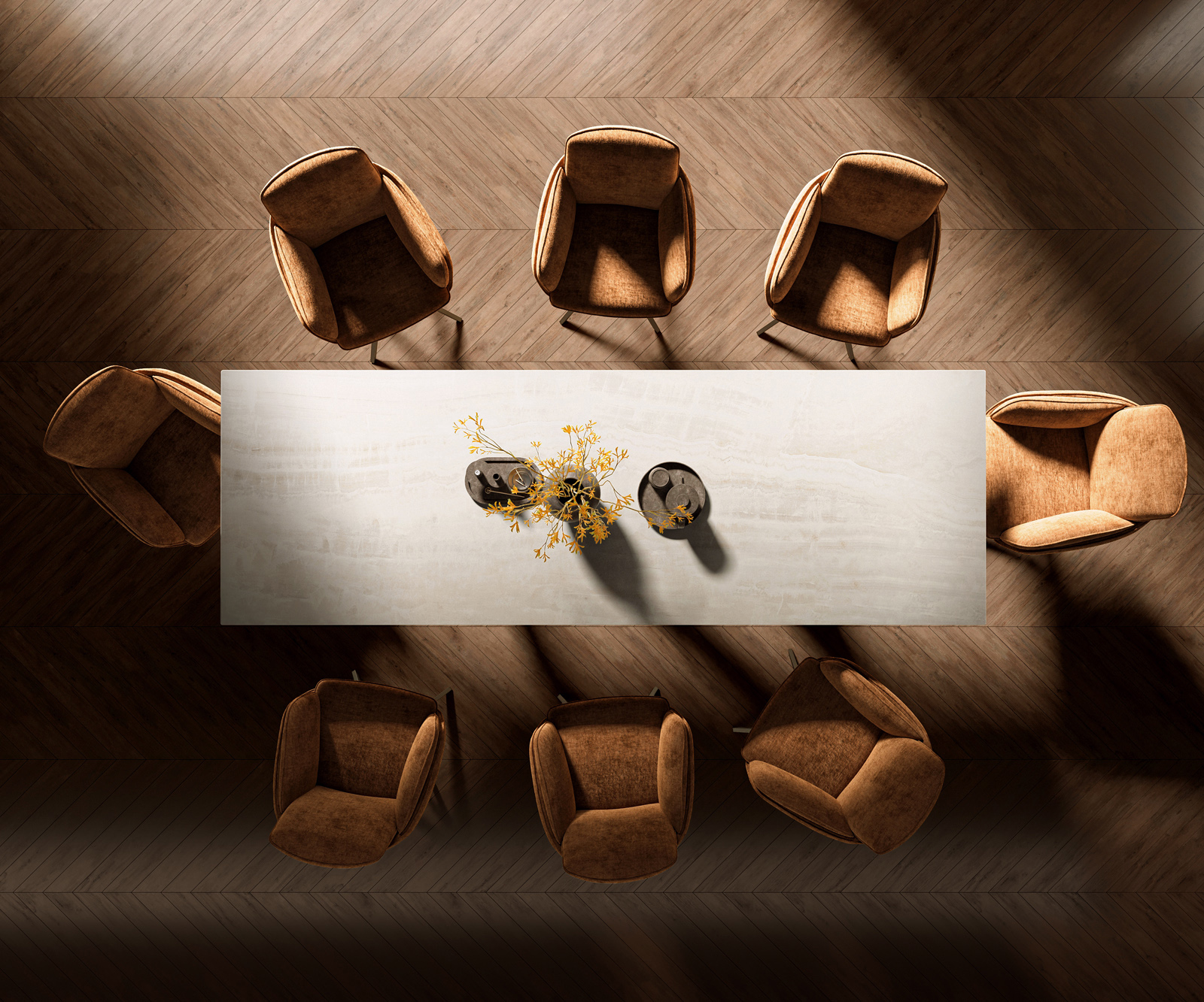 Jedálenský stôl Edge 300×100 cm keramika onyx šampanské podstava v tvare W kov titánová farba - Image 6