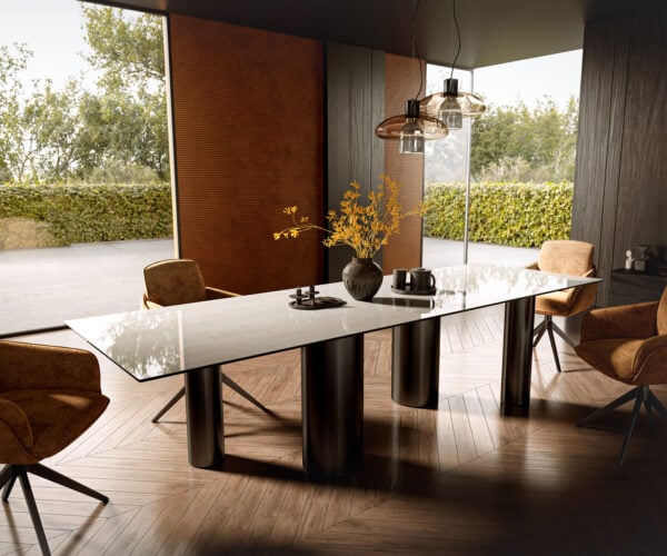 Jedálenský stôl Edge 300×100 cm keramika onyx šampanské pilier nerezová oceľ grafit