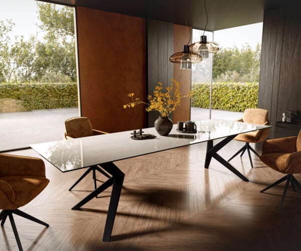 Jedálenský stôl Edge 300×100 cm keramika onyx champagne Zenthara hranatý kov čierna