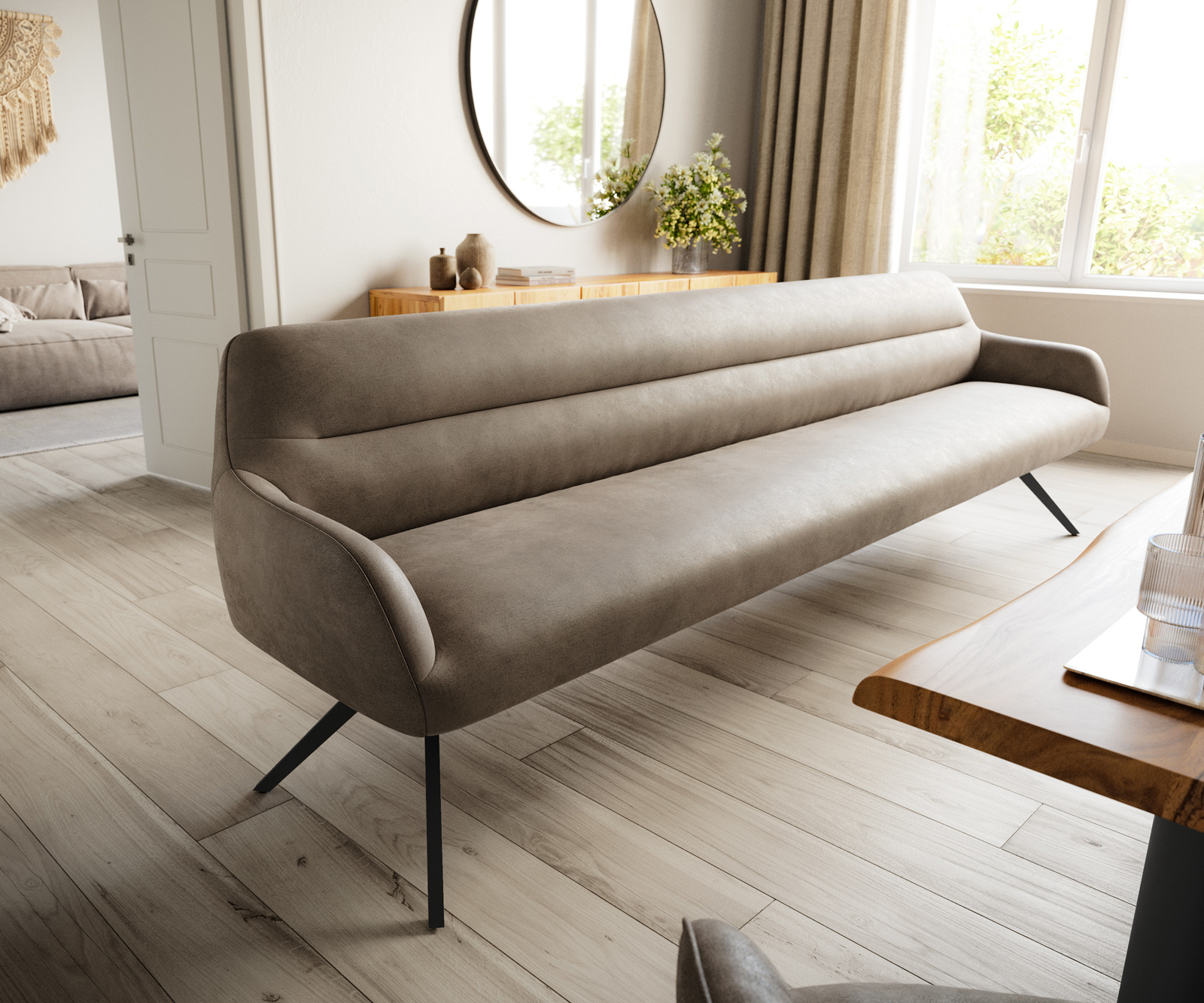 Jedálenská lavica Taya-Flex 300 cm mikrovlákno taupe vintage krížová podstava hranatá čierna vrecková pružina